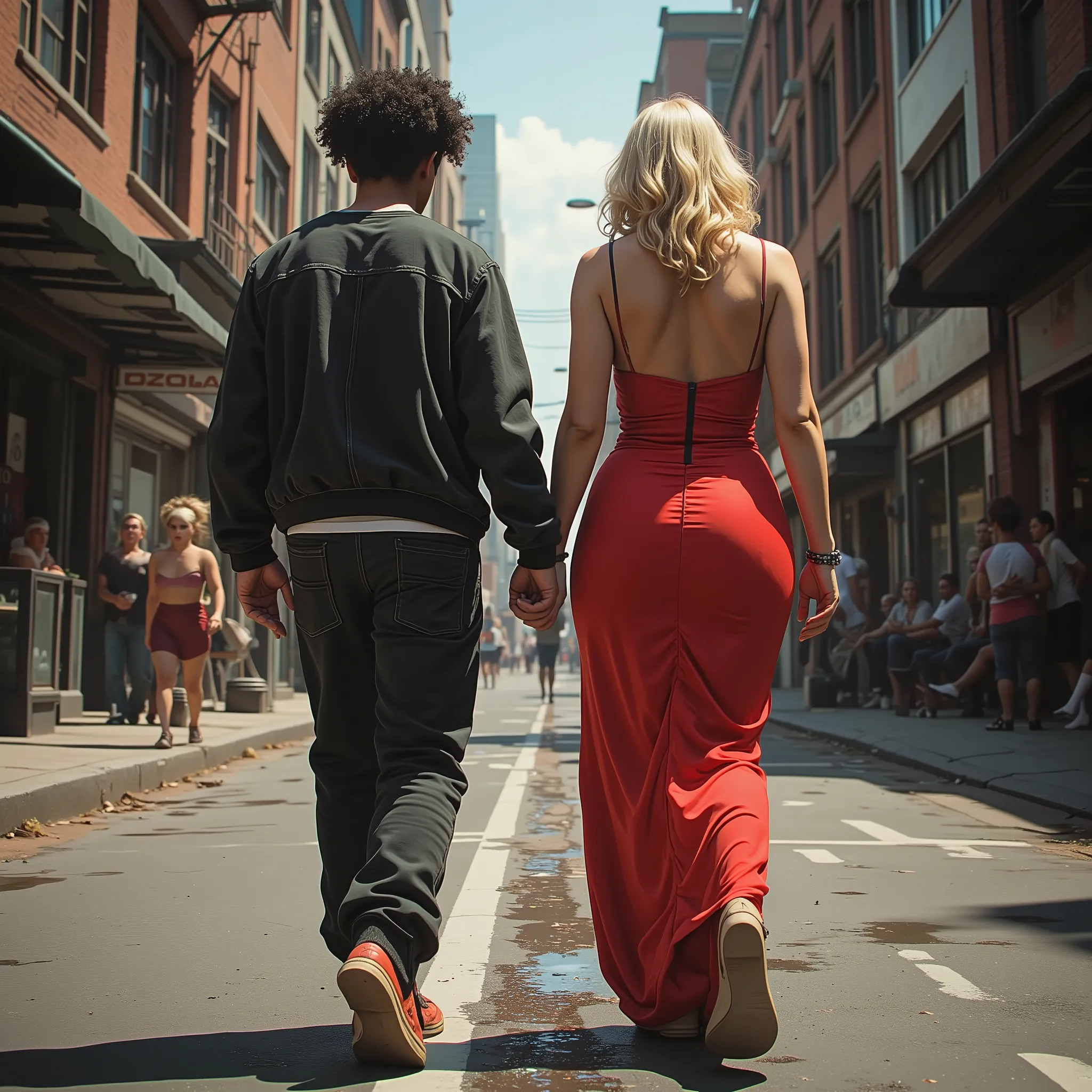 realistic image from behind of a black ager walking down the street with a blonde MILF with a big ass and elegant red dress very suggestive. He is dressed like Thug and has curly hair