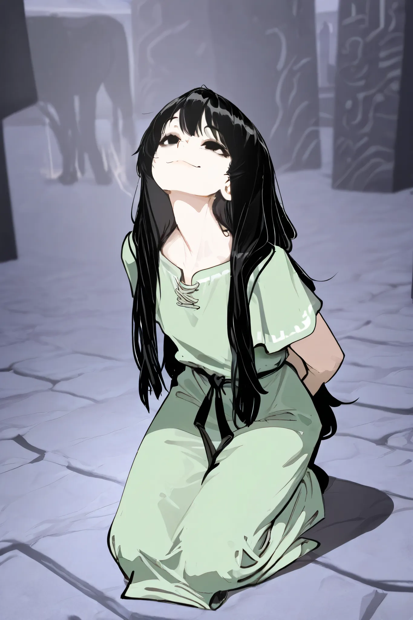 best quality, masterpiece,highest resolution,jail background, 1girl, black hair, long hair, black eyes ,mean smile,Linen tunic,expressionless, kneeling, gaze up, head up, taste again face, arrested, liking lips