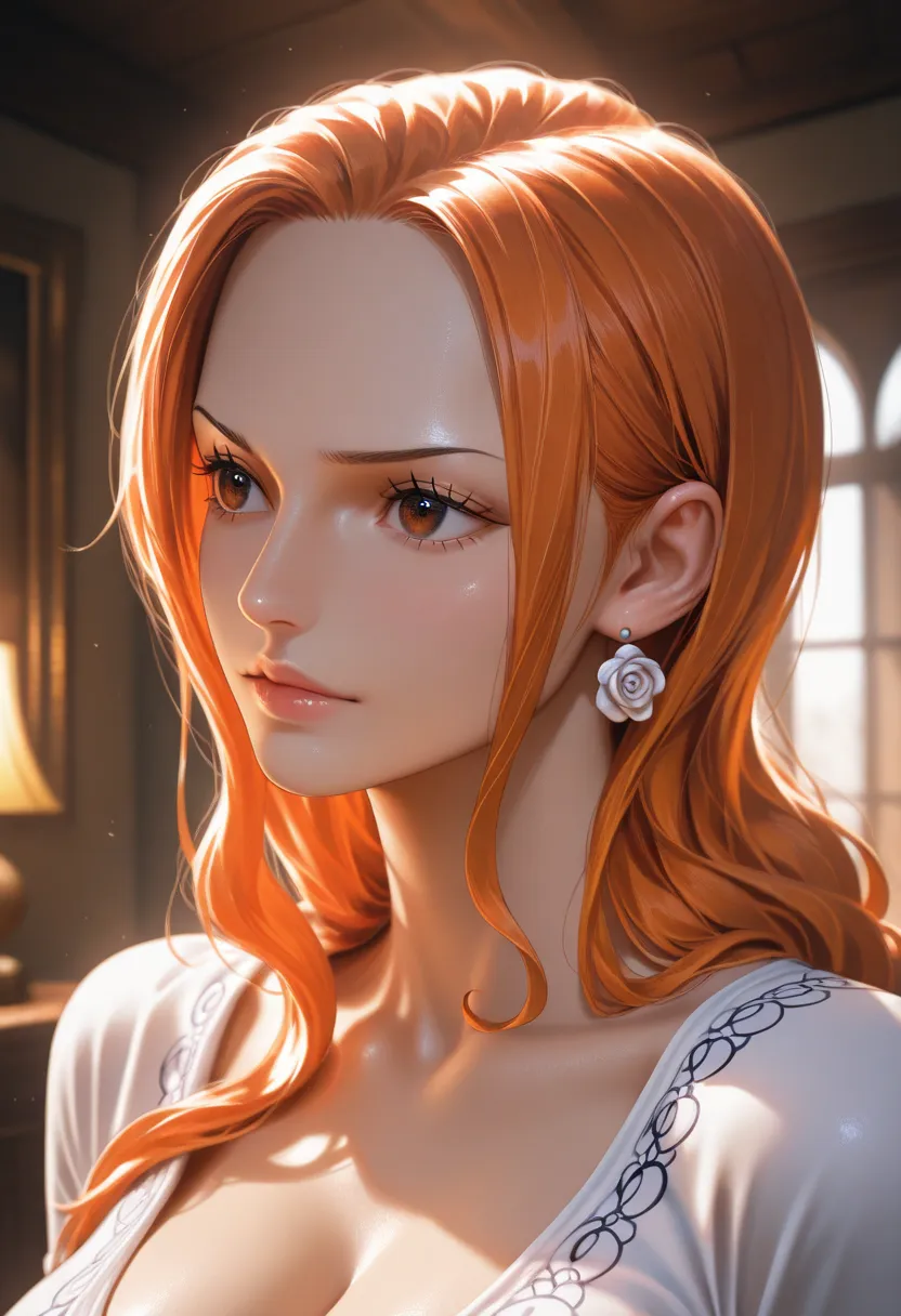 masterpiece, best quality, vibrant, very aesthetic, high contrast, photorealistic portrait,beautiful detailed face,detailed texture,detailed skin, newest,BREAK 1girl,one piece,source_one piece,viola,blach hair,forehead,rose hair accessary,shirt,room,realis...