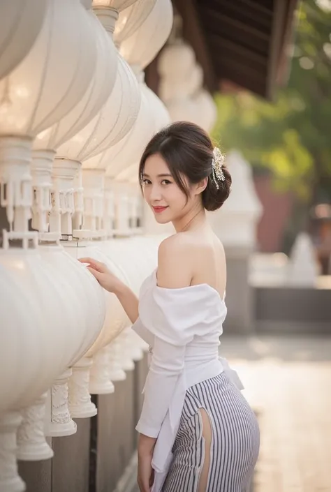 The lighting is soft and natural, likely from sunlight, creating a warm and gentle ambiance. The light highlights the model’s features and casts soft shadows, suggesting it might be taken during the golden hour

. **Model's Posture:** The model is position...