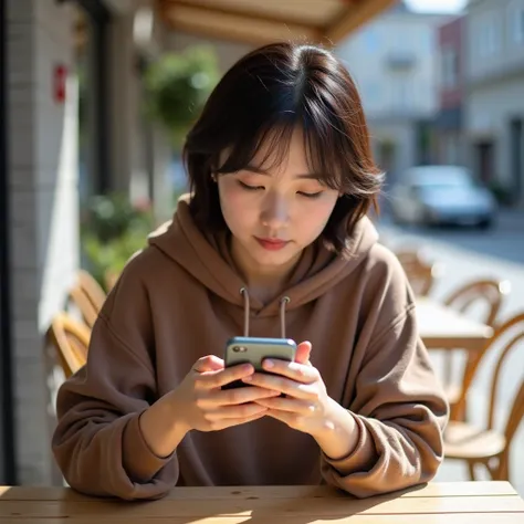 A young woman of East Asian descent, positioned slightly to the left of center in the image, is seated at a wooden outdoor café table.  She has short, dark brown hair and is looking through a smartphone, which she holds with both hands in front of her face...