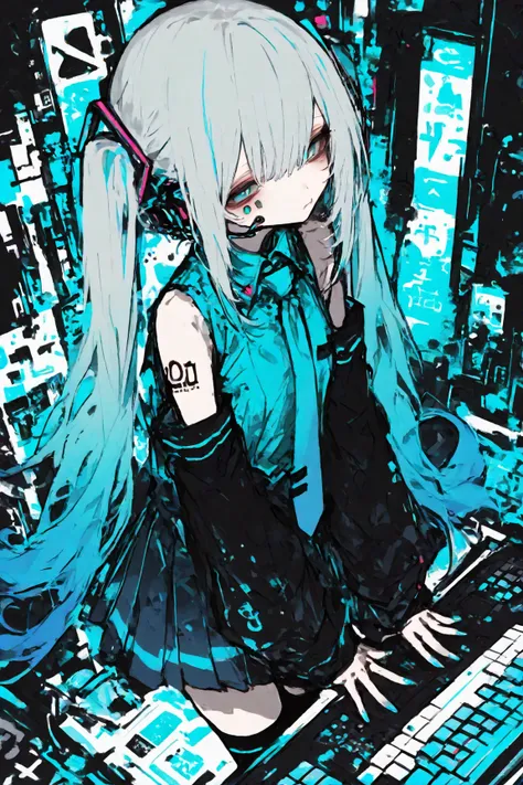 General,Komeshiro Kasu style, r17329_illu,usnr,hzk, general, 1girl,solo,large aqua blue eyes and long aqua blue twin tails featuring gradient and glossy texture, showing a soft and cheerful expression, wearing a futuristic gray and aqua blue outfit, includ...