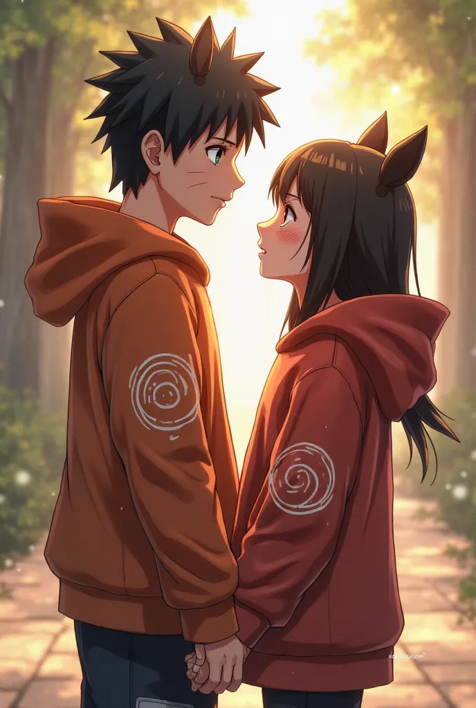 Naruto and Hinata in same kurama hoodie. Hinata is shy.