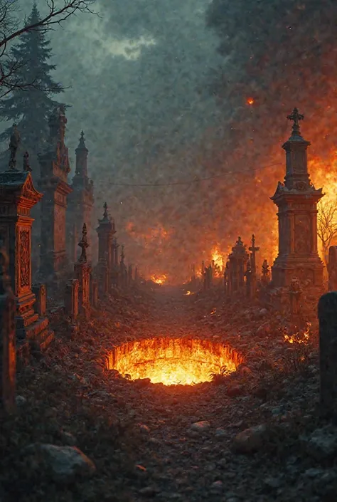 Create a cemetery at night, Setting fire all over the cemetery,And the floor with a hole. ultra realistic Hollywood image in 4k"