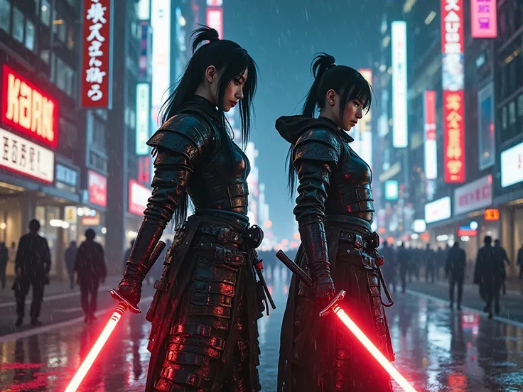 Cyberpunk Tokyo at midnight, neon-lit skyscrapers reflecting on rain-soaked streets. Holographic billboards glow with Japanese kanji. Alice, a fierce Asian-Irish warrior with long dark hair, stands battle-ready in sleek, battle-worn futuristic samurai armo...