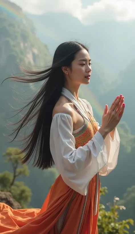 Photo of a beautiful young Asian woman with long hair, straight black hair, white skin and slender body, dressed in traditional Indonesian custom clothing, as if dancing well, his hands in the lift, looks realistic, beautiful mountain backdrop, looks like ...