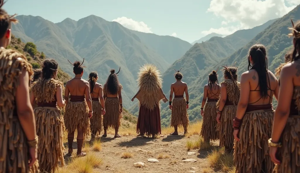 A wide shot of an ancient tribal council gathering, with men and women dressed in elaborate native attire. The mountains loom in the background, and the atmosphere is serious as they discuss marriage traditions and family legacy.