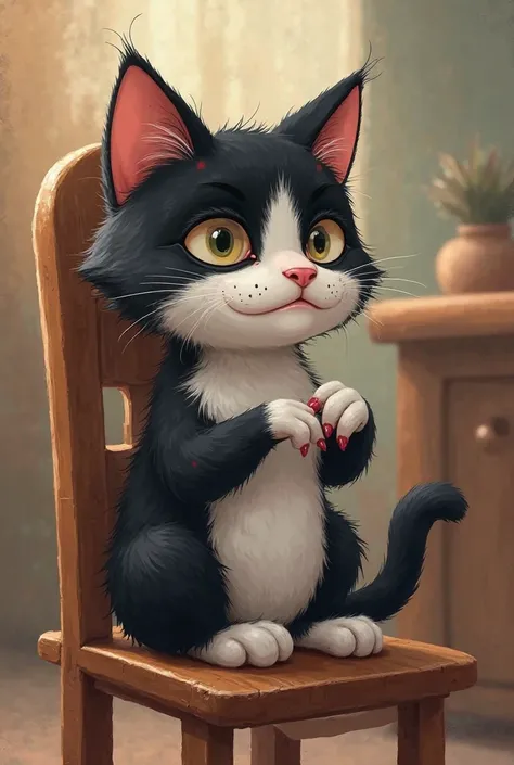 cartoon cat , Black and white,  humanized , realistic with indifference on his face sits on a chair, the hind legs are thrown one over the other, hang from a chair,like a girl , examines his claws on one paw,  like a girl , bent in incense , towards you . ...