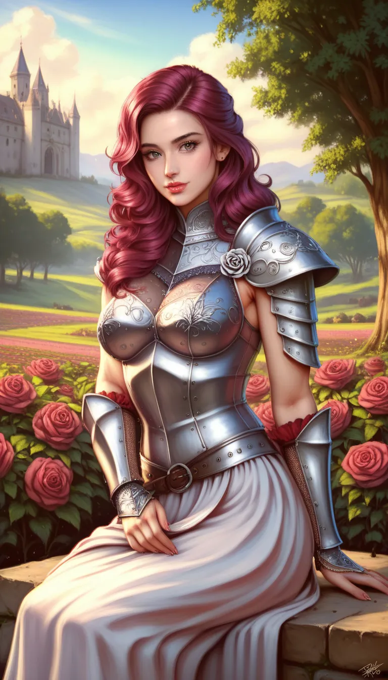 female knight, beautiful face, sitting on a stone, rose meadow background, oil painting, detailed portrait of a female knight with a strong yet gentle expression, wearing ornate armor and sitting on a weathered stone in a lush rose meadow, light filtering ...