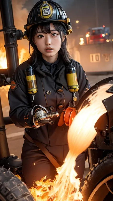 (((masterpiece))), (((Highest quality))), ((very well detailed)), ((photorealistic)), (steampunk style), (Japanese firefighters:1.8)、A bold female firefighter in a stylish silver steampunk uniform. her outfit includes metallic gear accents, high-red lace-u...