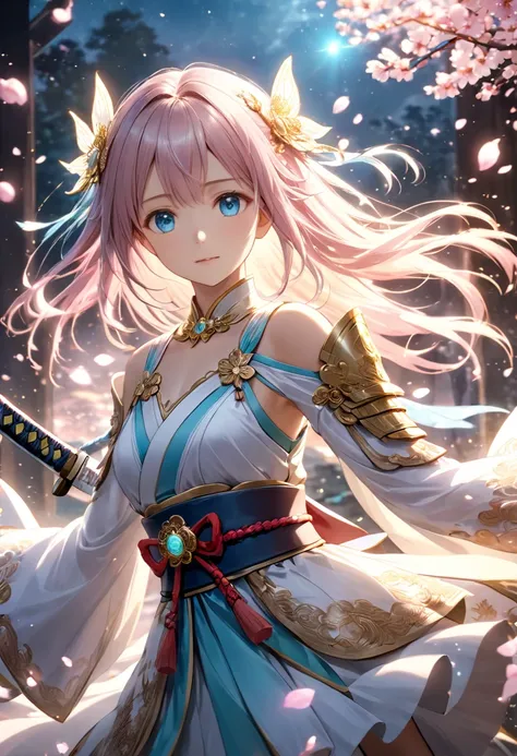 Highly detailed, ultra-realistic anime-style illustration, breathtaking lighting effects, cinematic fantasy composition, ethereal warrior princess, fusion of traditional Japanese aesthetics and high fantasy.waying in the wind:1.3), (soft golden and pastel ...