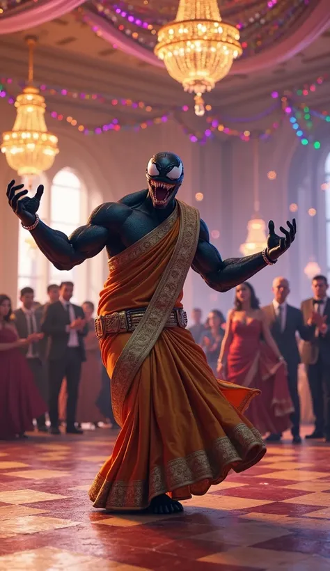 A realistic 3D scene inside a grand wedding hall with luxurious decorations, chandeliers, and a large dance floor. Venom, wearing a traditional saree, is dancing energetically in the center of the hall. His monstrous form contrasts humorously with the eleg...