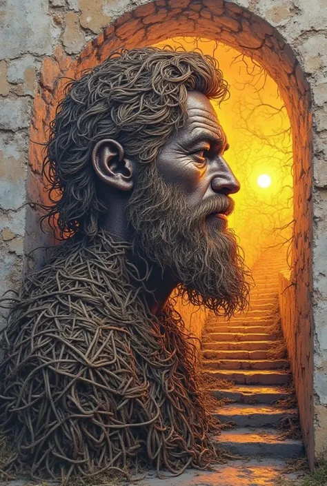 Graffiti 3D effect ultra-detailed intricate insanely full HD painted on wall Double exposure photo of a side bearded mountain man His wavy long fur creates a sense of vitality in his silhouette. In his body and silhouette there is a wonderfully bright land...