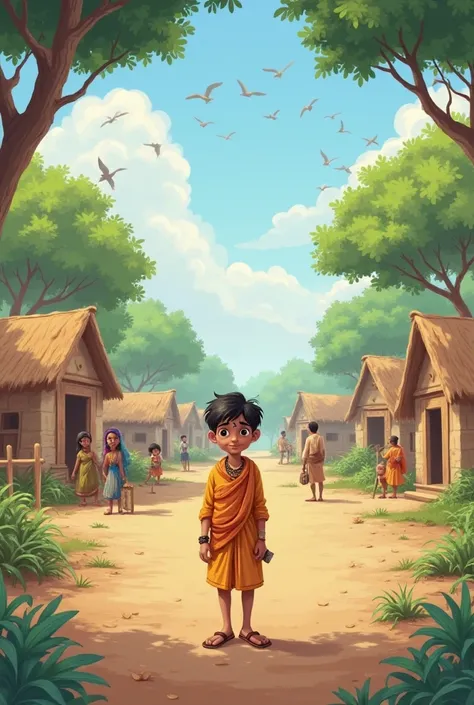 Image Prompt: A peaceful Indian village setting with small huts, trees, and a dirt road. In the center, a young boy named Ravi, dressed in traditional Indian village attire, stands looking innocent and kind. Birds are flying in the sky, and villagers can b...