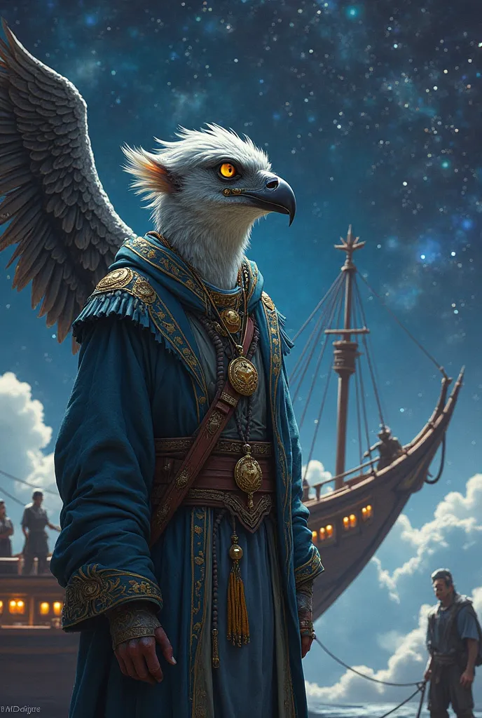 A venerable aarakocra named Rika standing on the deck of the shrike ship "Skyrra" against the backdrop of Wildspace. Rika has aged but dignified avian features with faded plumage in deep blue and silver hues. His feathers show signs of age but are well-gro...