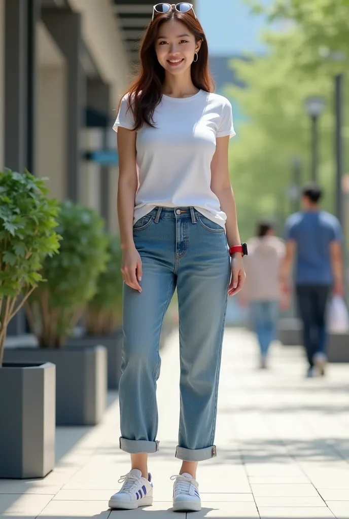 *"A beautiful 30-year-old japaneese woman with a solid body curvy and big breasts((white skins)). She has straight, shoulder-length hair that is neatly styled. Her style of dress is sporty casual(white thight reebok t-shirts and straight loose scars women ...