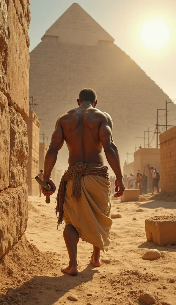 Ultra-realistic first-person perspective of an ancient Egyptian worker chiseling a massive limestone block under the scorching desert sun. His rough, calloused hands firmly grip a primitive copper chisel in his left hand and a heavy wooden mallet in his ri...