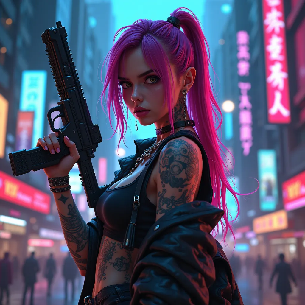 cyberpunk city neon girl tattoois gun