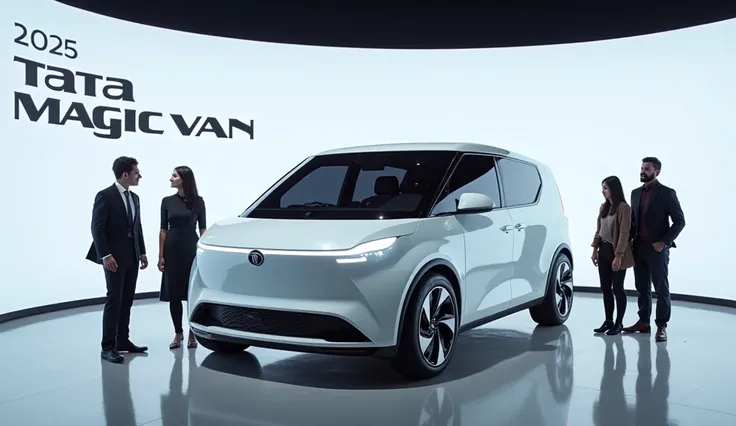 A 2025 Tata Magic Van with white exterior in a Showroom 1 man and 2 Indian hot women's and 2 ren standing beside the car.
"2025 Tata Magic Van " written on wall of the showroom