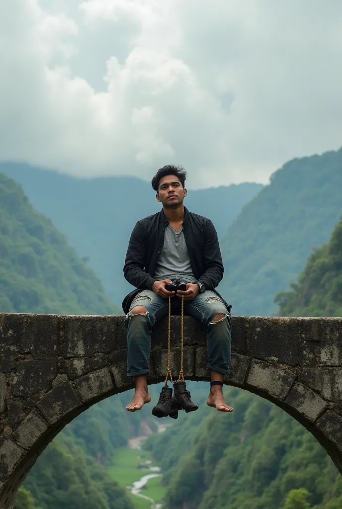 A 30-year-old Indonesian man sits on the arch of a high bridge above a green ravine.  He wore a black jacket, t-shirt and ripped jeans, but no shoes.  His boots were hanging on the side of the bridge by a tied rope.  He held a pair of binoculars and looked...