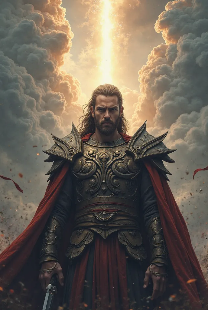 The scenery in the background presents an epic sky, with voluminous and dramatic clouds, cut by a beam of celestial light that descends from above, creating a divine effect. The lighting focuses on the serious and determined face of the warrior, conveying ...