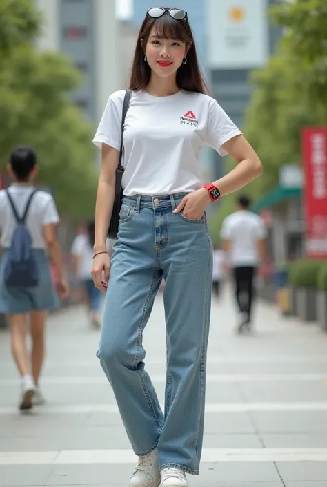 *"A beautiful 40-year-old japaneese woman with a solid body curvy and big breasts((white skins)). She has straight, shoulder-length hair that is neatly styled. Her style of dress is sporty casual(white thight reebok t-shirts and straight loose scars women ...