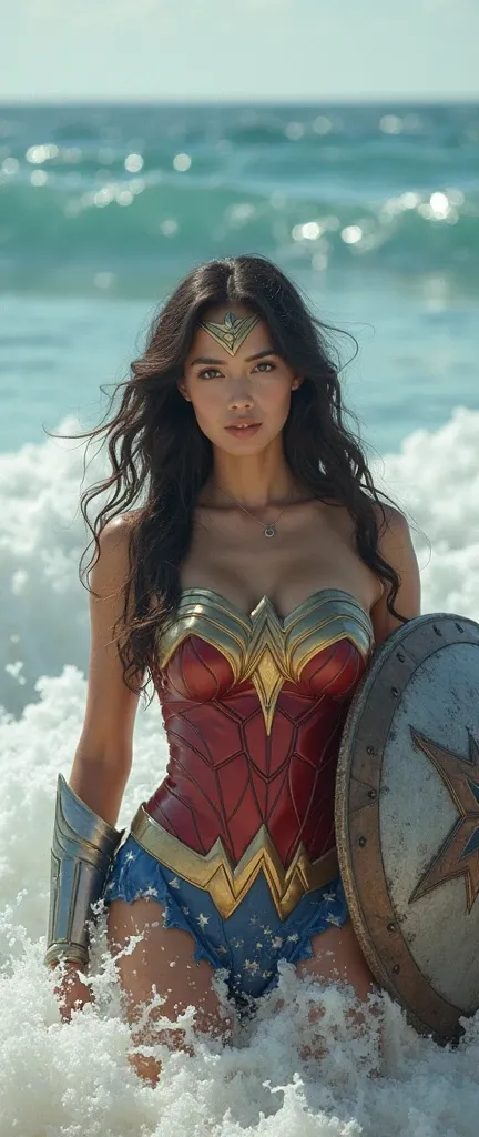 nsfw, live-action、A cute Japanese wonder woman in her 20s, big breasts、big butt、 Wonder Woman's perfect costume、 Sword and Shield、super sexy

Depict the whole body、Kneeling、coastal、Wonder Woman being swallowed up by big waves