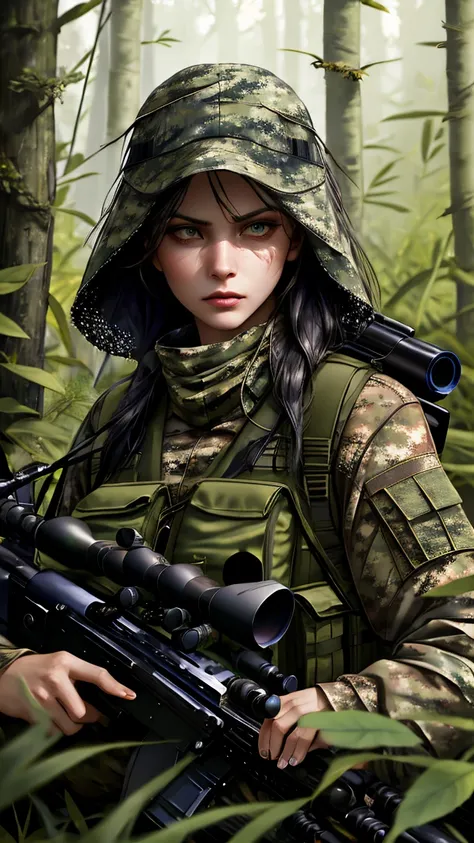 (masterpiece:1.3, best quality:1.3, ultra detailed:1.2), (beautiful young woman:1.3, delicate features:1.2, striking eyes:1.3, serious expression:1.2), (military ghillie suit:1.3, camouflage covering:1.2, natural materials:1.2, grass and foliage elements:1...