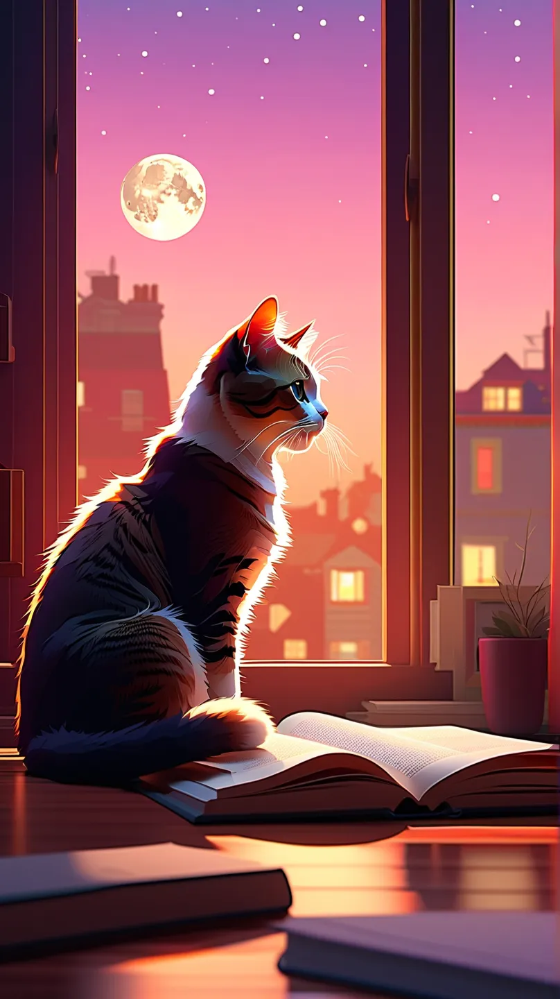 (is of the best quality:1.2), aesthetic, low fidelity, simple atmosphere, cat, Book, window, moon, Light Bokeh, soft colors, flash, Dynamic side corner, natural soft lighting,  8K resolution on the front, illustration, Soft four-tone color