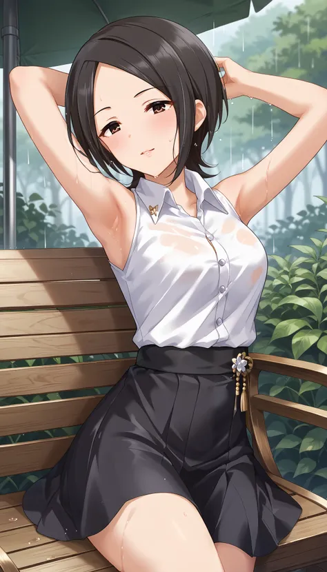 Tougou Ai、 white sleeveless shirt in the style of Watanabe Akio、(black skirt)、arm up pose、chair、 is embarrassing、rain、Outdoors、 wet body 、 Ulchan-6500-v1.1, ( RAW photos :1.2),  beautiful detailed , very detailed目、Brown Eyes 、 The file size is large, Hi-Re...