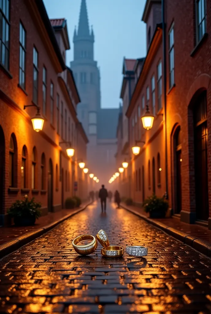 Tallinn's old street in the evening — a narrow pavement, surrounded by medieval buildings with red-tiled roofs and Gothic windows. The atmosphere is filled with the warm light of the lanterns, reflected on the pavement wet. 10 pairs of wedding rings smooth...