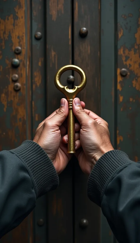 Human hands holding a golden key in front of a locked door: Represents the action required to open doors that seem impossible.