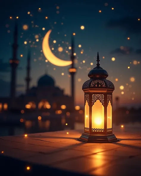 A beautifully lit lantern (fanous) glowing warmly in the night, surrounded by a crescent moon and twinkling stars. A serene mosque silhouette in the background with a peaceful sky transitioning from deep blue to golden hues. Elegant Arabic calligraphy disp...