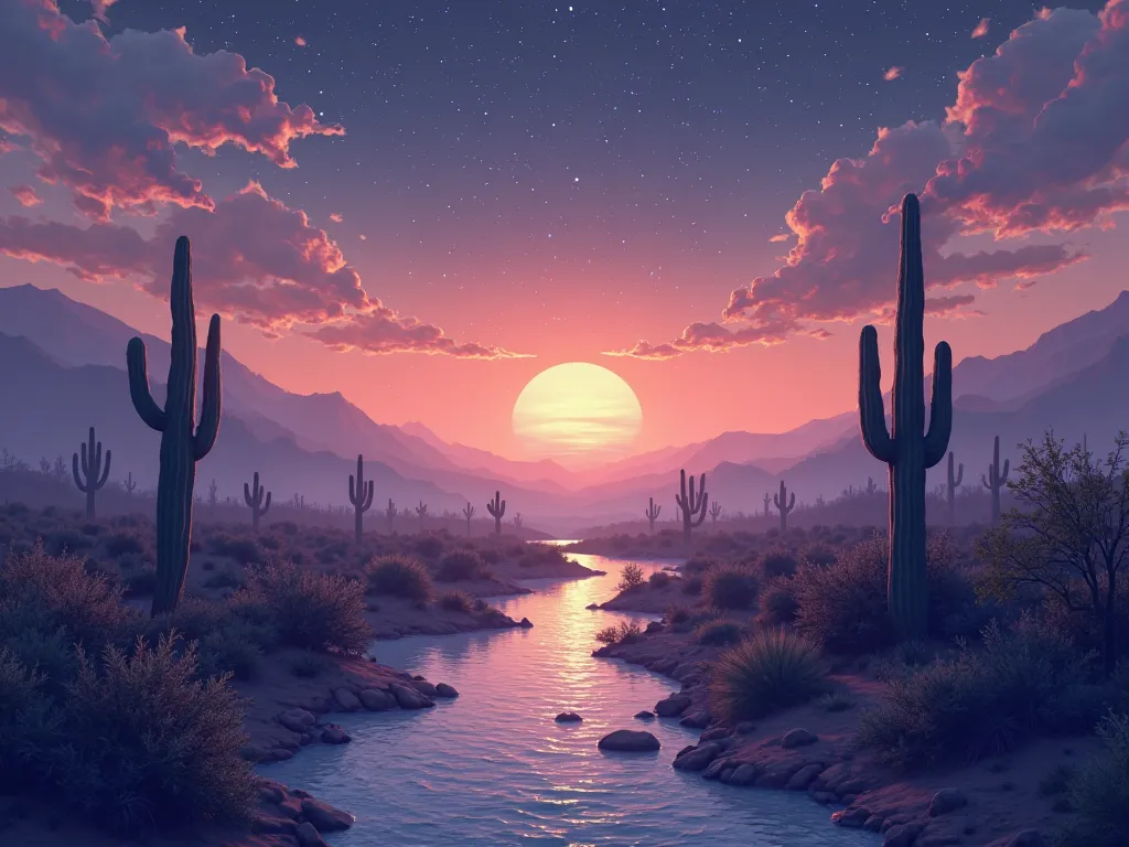 Masterpiece, Award Winning, Quality, UHD, Create a visually stunning masterpiece depicting a mesmerizing desert landscape just after sunset, with the sun just below the mountains and the sky filled with stars. The moon casts a silvery light over the scene,...