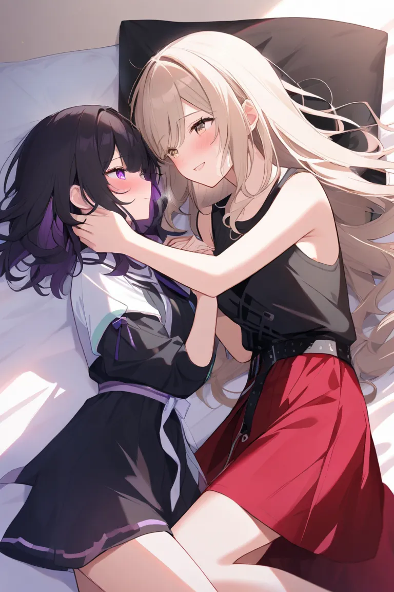  2 women、 character for V21（ light beige hair、Medium shoulder-length hair、Curl inward、Light beige eyes、Long、smile）、 character for V2２（ black hair、long hair、 purple eyes）、 blush、Holding hands、The distance it takes to breathe、Delicate atmosphere、 bed、lying d...