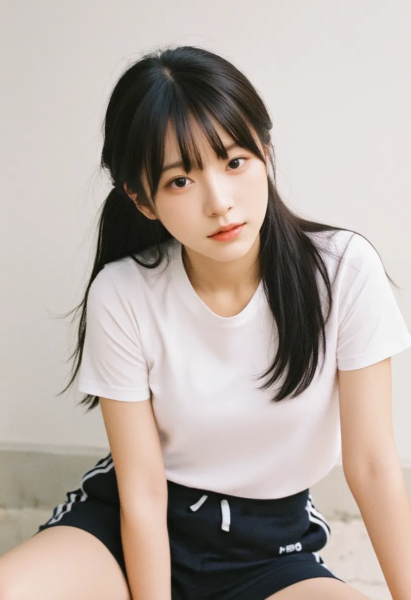 (8k, RAW  photos, Highest quality, masterpiece:1.3),(Genuine, photos:1.37),(  black hair), pose ,1 girl, very beautiful face,cute,( small),(Put your hands down ))),Poggy Hair style, random expression ,( white t-shirt),ＪＫ_ style,(Track Shorts) ,  black hair...