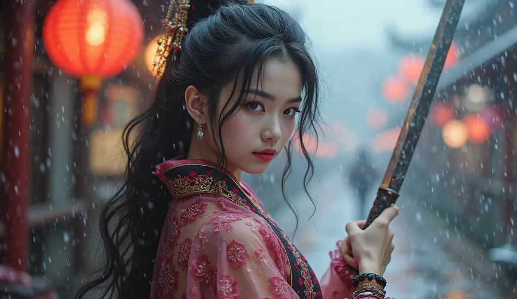 1girl,most beautiful, Sweet, elegant ,full body ,large breasts ,The background is rainy day,cityscape,1 girl, beautiful girl, beautiful face, Female Samurai, supermodels, Holding a Japanese Sword, shining bracelet, beautiful hanfu (black pink and gold, tra...