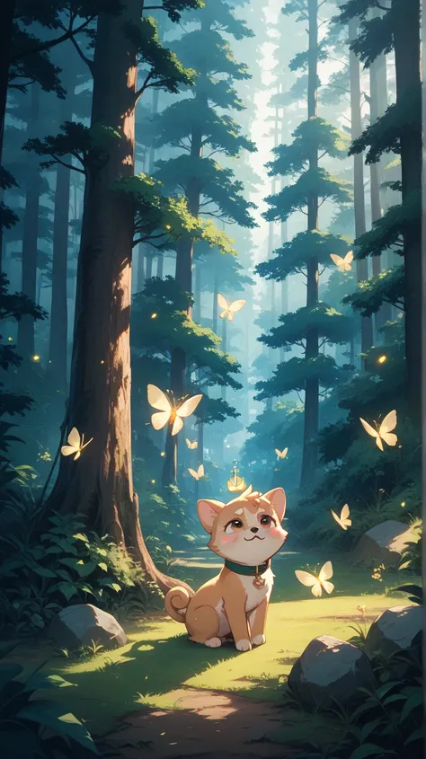 A small Shiba Inu puppy stands alone in a dark, dense forest at night, looking around anxiously.  
The puppy's ears are slightly drooping, its tail lowered, and its eyes wide with confusion.  
The moonlight filters through the tall trees, casting soft blui...