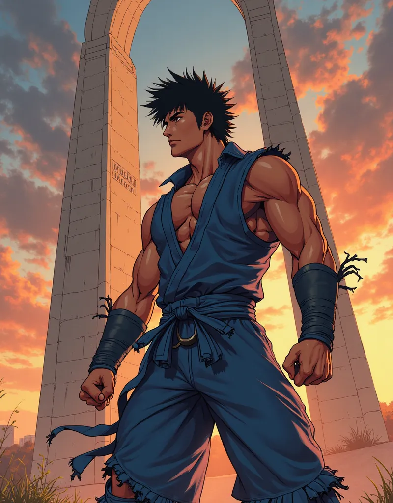 {
  "prompt": "A powerful anime-style illustration of Kenshiro (Fist of the North Star) standing heroically in front of the iconic Martyrs' Memorial (Makam El Chahid) in Algiers, Algeria. Kenshiro has his signature muscular build, spiky dark hair, and wear...