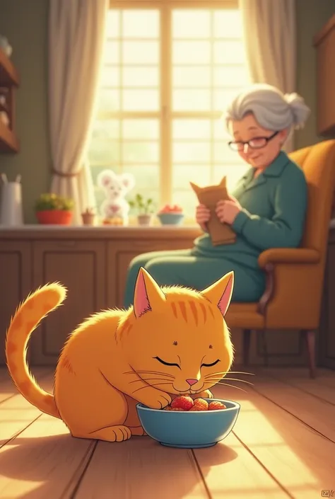 "The orange cat happily eats from a small, blue ceramic bowl on a wooden floor. The food looks delicious, and the cat’s tail curls in satisfaction. A warm, golden light fills the kitchen, and the elderly woman watches lovingly from the background, knitting...