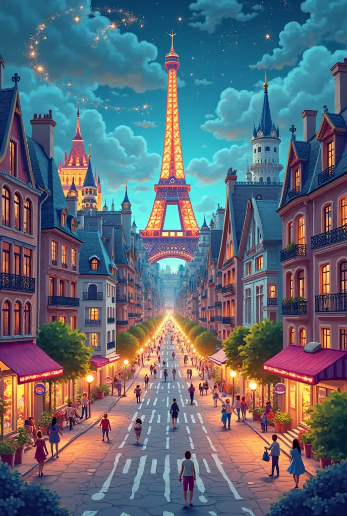 a cartoon image of The capital of France Paris make sure to make the city looks full of art, lights, and magic!
