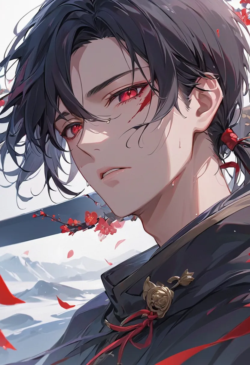 "A hyper-detailed, ultra-high-definition anime-style illustration of a male character in a dramatic close-up shot, with a strong emphasis on his face and eyes. His long black hair is tied in a low ponytail with a red ribbon, with silky strands flowing natu...