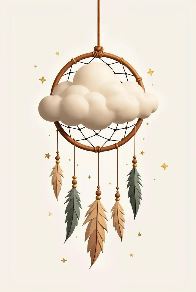 A gentle , digital illustration of a boho-style cloud as a dream catcher. The style is modern , minimalistic and inspired by Scandinavian boho - with gold details 