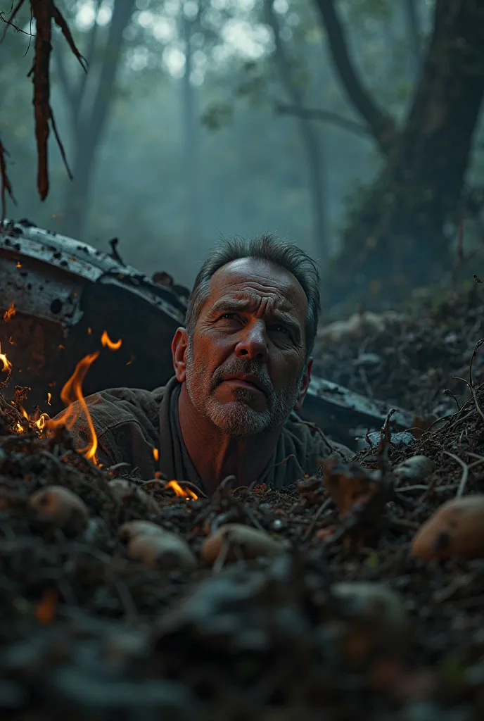 A middle aged man waking up amidst smoldering airplane wreckage deep in the dark jungle. Smoke billows, and the ghostly light of fire illuminates his pale and stunned face.