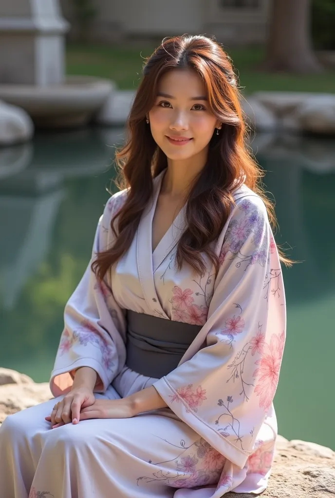 Full shot of a mature Asian woman with very long, wavy, brown hair seated outdoors. 

The woman is wearing a slightly opened light beige kimono-style robe with a floral pattern in shades of pink and light purple. The kimono has a dark gray/black obi (sash)...