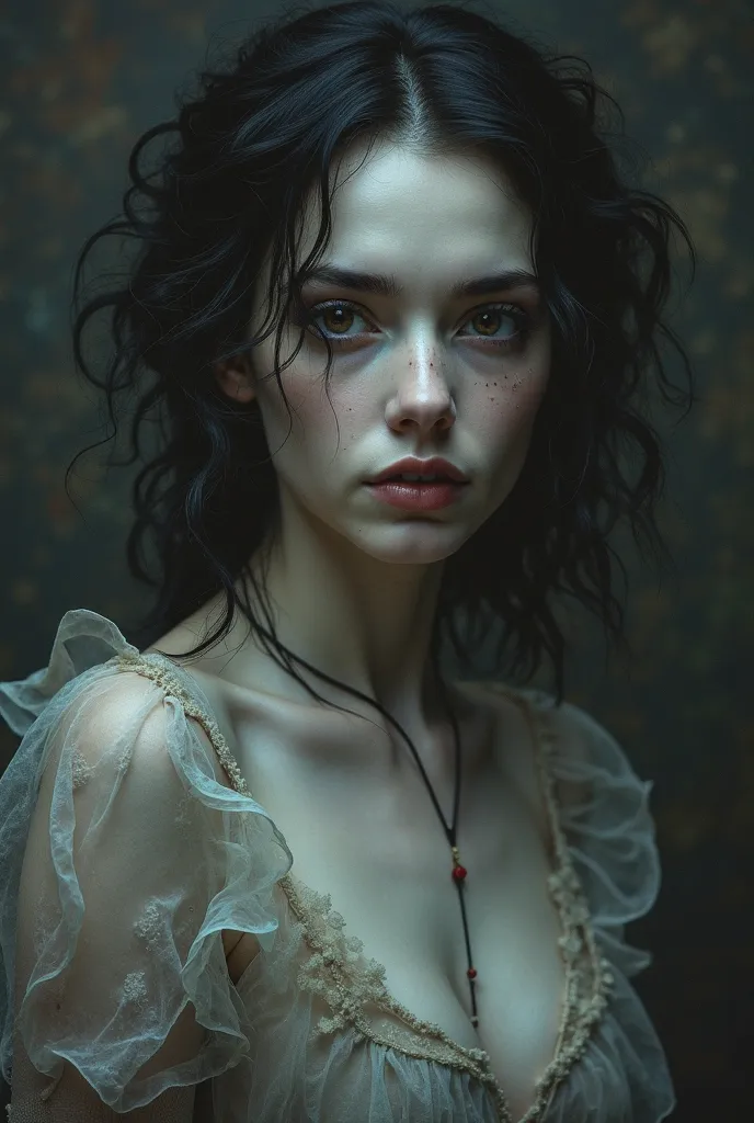 Ethereal Gothic Portraiture style; A delicate wraith of innocence and corruption, she is love entwined with blood, purity laced with decay. Honey-brown eyes shimmer with unshed tears, her porcelain skin hauntingly pale. Fragile yet dangerously enchanting, ...