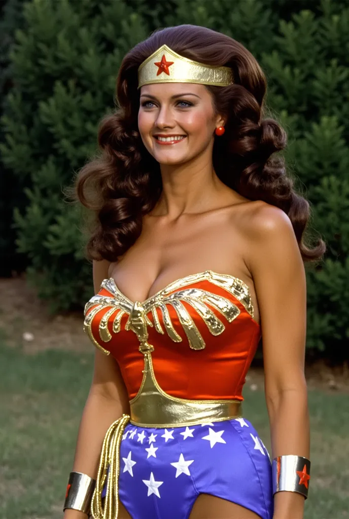 watches are on hand looking at the camera (((full length))) Linda Carter as Wonder Woman,  with long wavy dark hair, in a classic suit: Golden hoop,  red corset with gold stars , blue shorts with white stars and red knee-length boots. The lasso of truth , ...