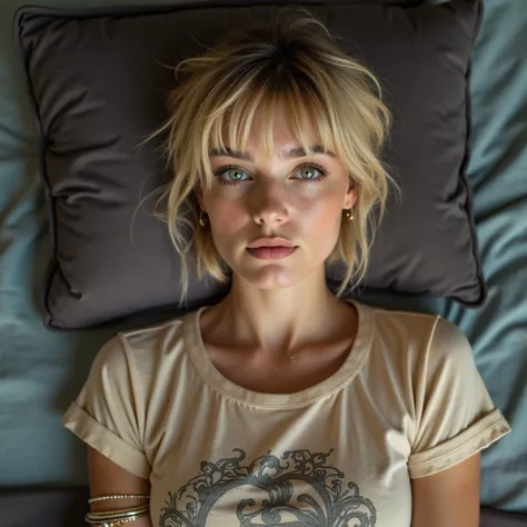 Reproduce all the information meticulously in detail and in high definition,realistic photo,wide-angle shot from head to toe from a distance of 3 meters,Cinematic style indoors:
“The image shows a young woman lying on a bed, with her face slightly tilted a...