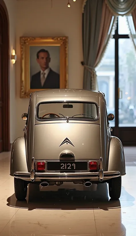 2025 Citroen 2 Cv ) Stand on luxury showroom, The Showroom polished, Available ( Citroen 2 Cv) Background wall, specialy Focus ( back) Of The Car