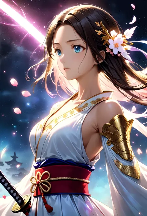 Highly detailed, ultra-realistic anime-style illustration, breathtaking lighting effects, cinematic fantasy composition, ethereal warrior princess, fusion of traditional Japanese aesthetics and high fantasy.waying in the wind:1.3), (fully slicked-back dark...